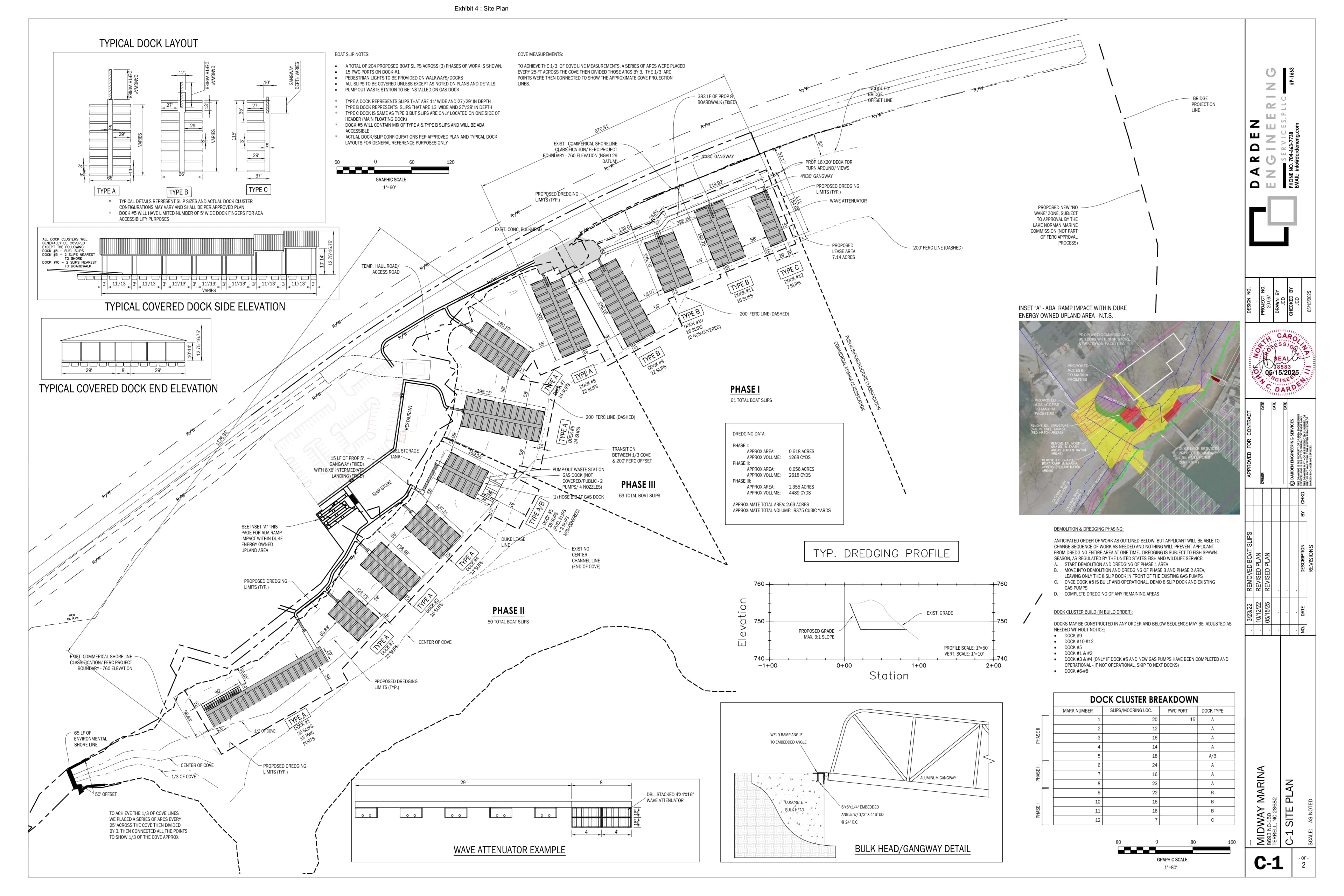 Official Exhibit 4 site plan showing the exact approved Midway Marina shoreline, twelve dock clusters, 204 slips, phases, dimensions, and engineering details